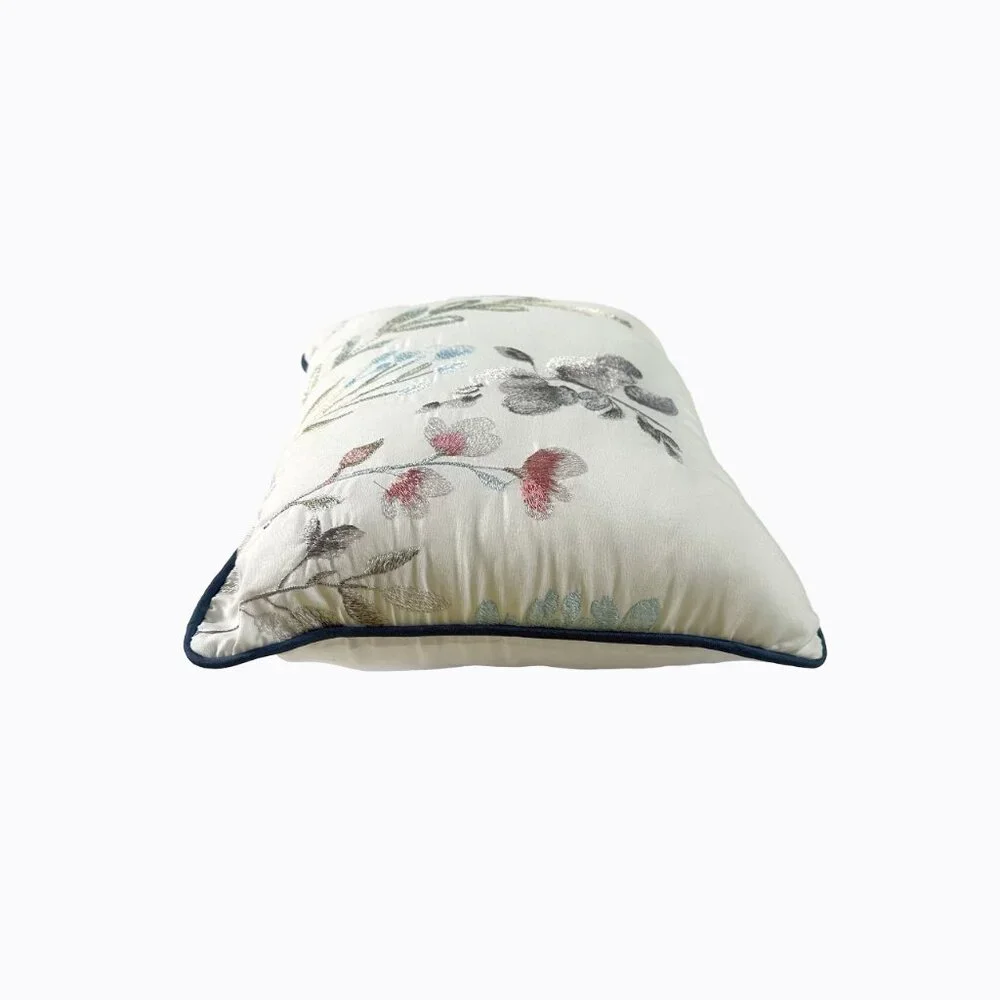 Floral Embroidered Lumbar Pillow Cream Blue Piped Boutique Decor Country Coastal